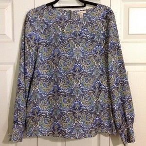 J. CREW Size 6 100% Silk Blue Mustard Yellow Long Sleeve Blouse Top Paisley